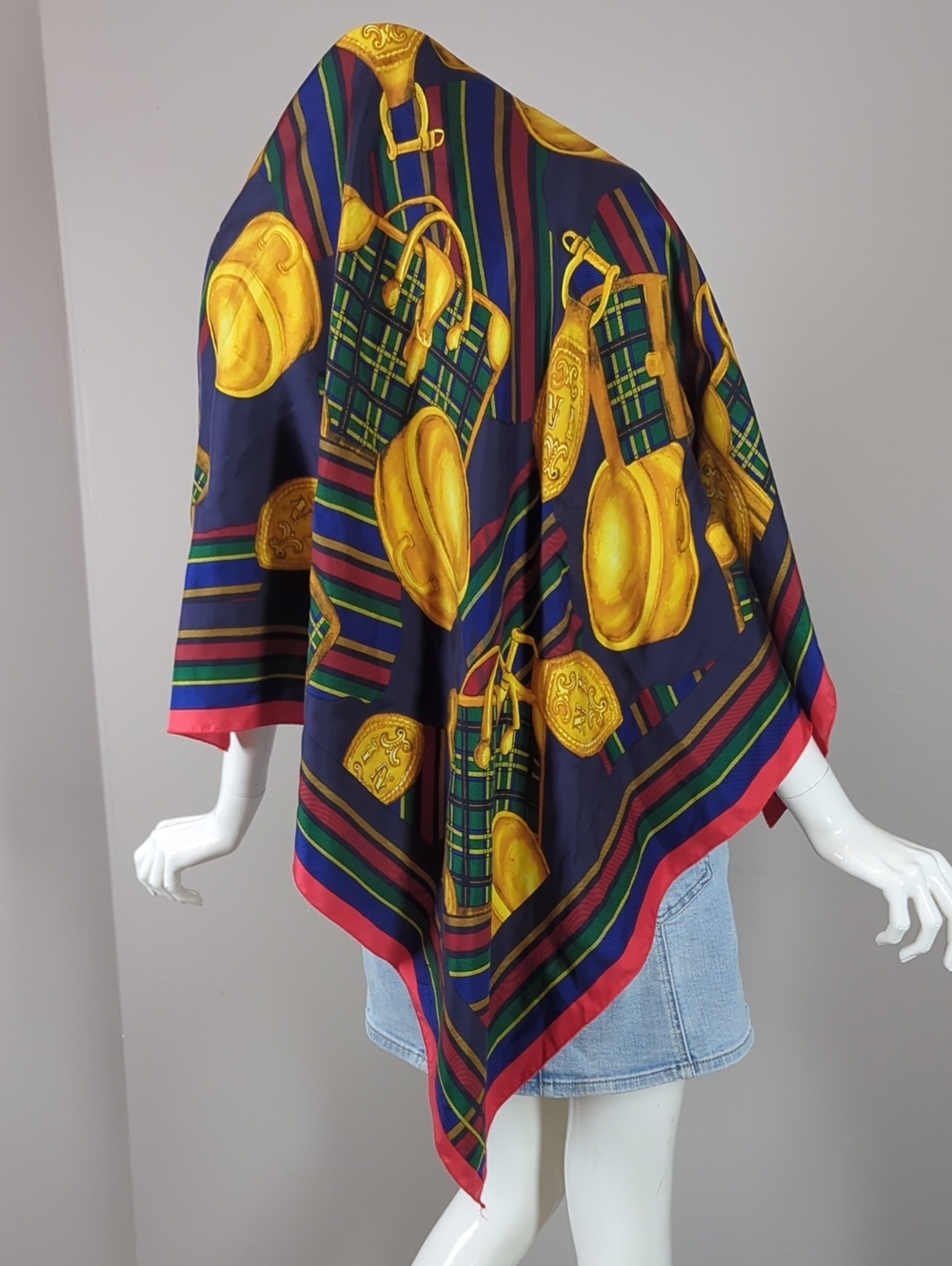 Lyse Spenard Vintage Navy Silk Scarf with Gold  Motif